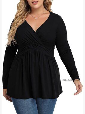 Plus Size V Neck Long Sleeve Tunic Top Ruched Blouse